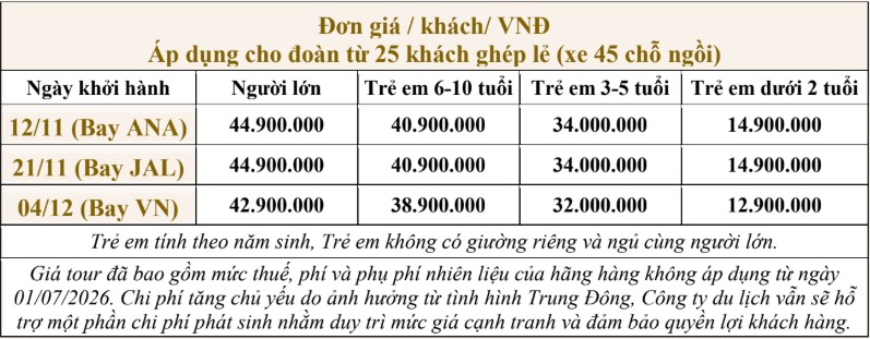 Giá tour Nhật Bản Hành trình cung đường vàng mùa thu 2026 Giá tour Nhật Bản Hành trình cung đường vàng mùa thu 2026